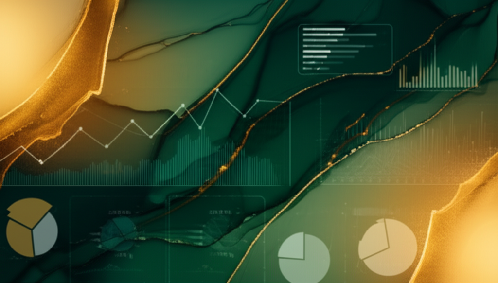 Abstract background with gold and green financial charts and graphs