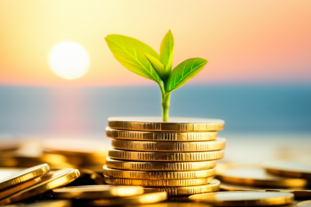A small sapling growing from a stack of gold coins, symbolizing growth